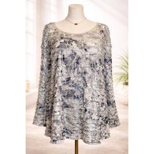 Reba Elegant Silver & Navy Ruffle Textured Long Sleeve Tunic Top, 3XL